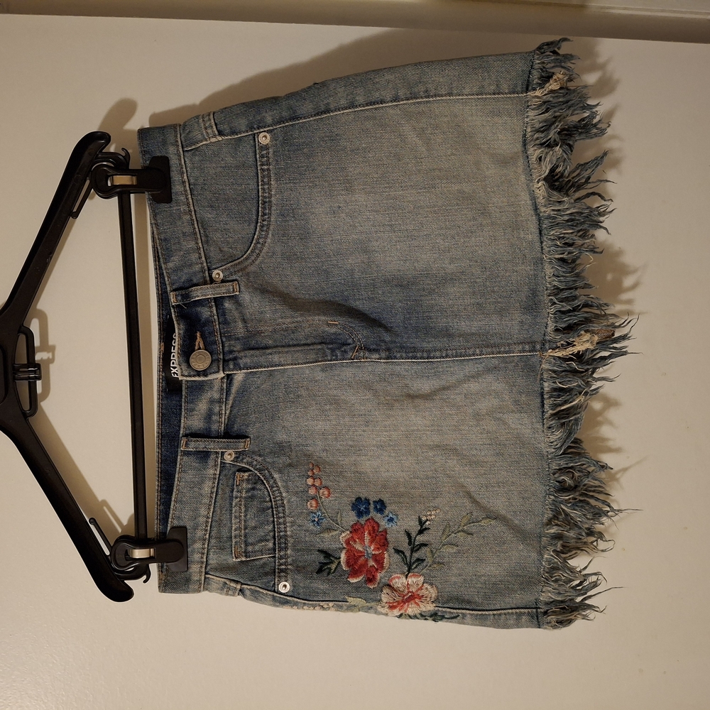 Embroidered Denim Fringe Skirt